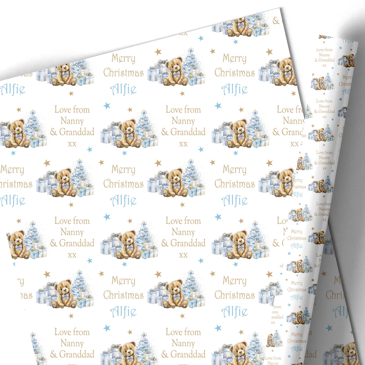Christmas Gift Wrapping Paper – Personalised Gift Wrap Roll - Blue Teddy Bear