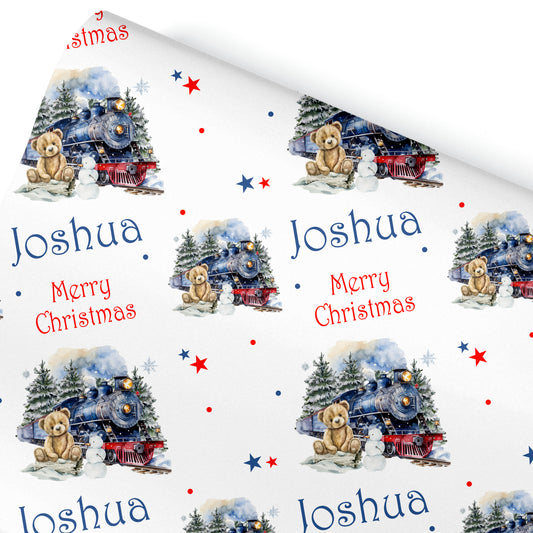 Personalised kids Christmas wrapping paper featuring Santa’s train