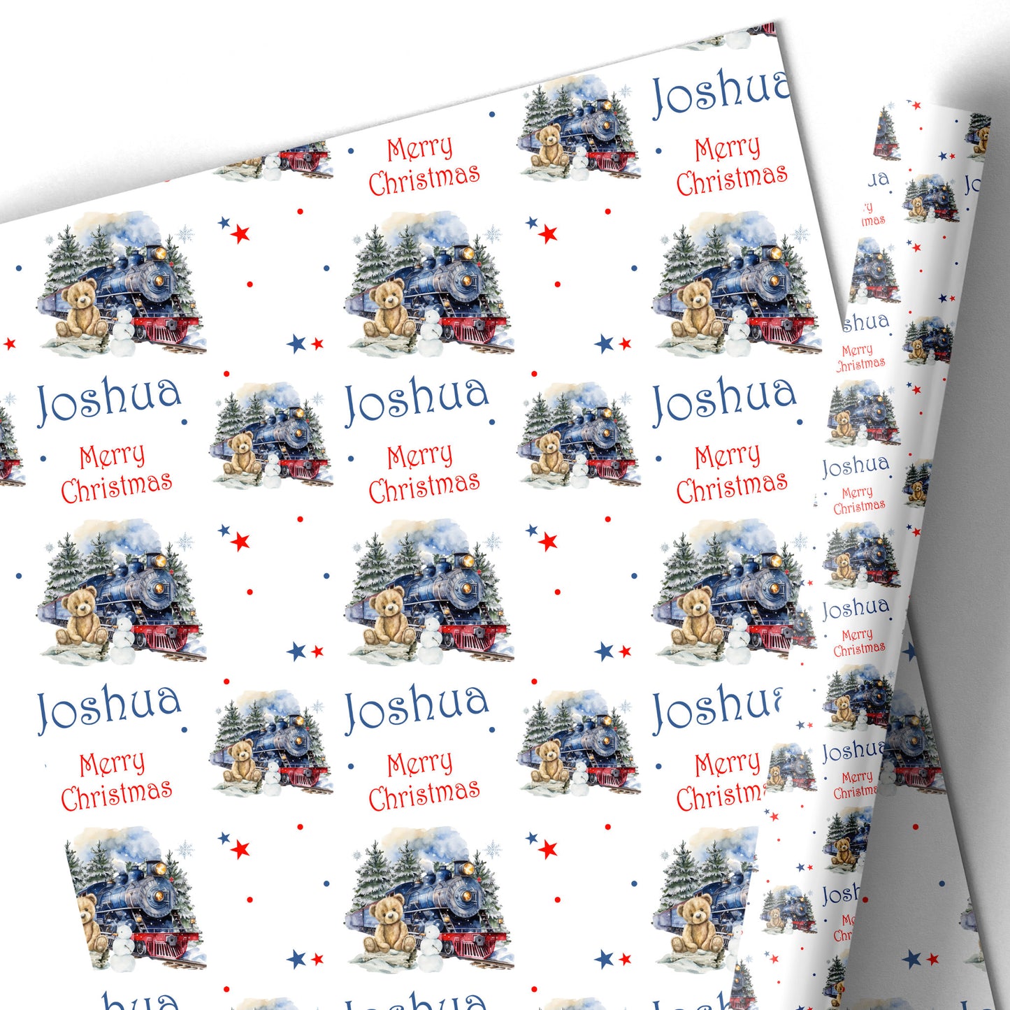 Personalised Christmas wrapping paper for children with Christmas Express Train design