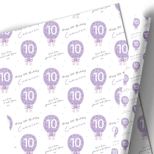 Birthday Gift Wrapping Paper – Personalised Children's Gift Wrap Roll - Lilac Heart Balloon
