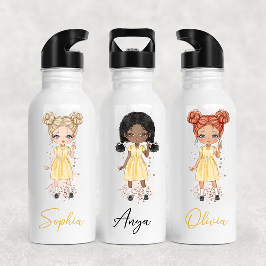 Personalised Girl's School Water Bottle Yellow Gingham Summer Dress Girl