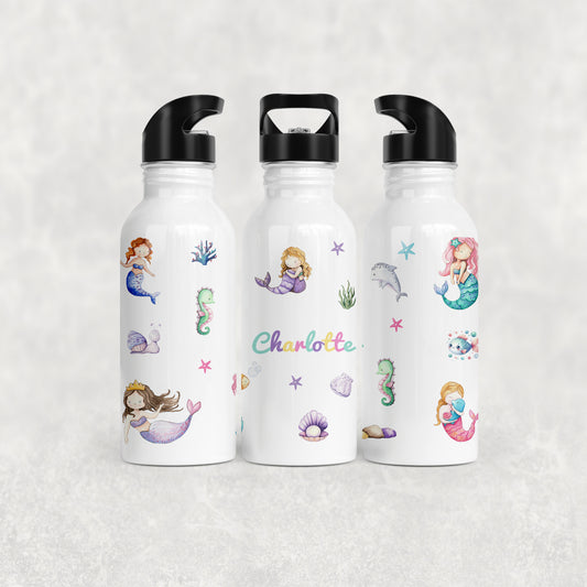 Personalised Girl's Water Bottle with Straw Mermaids