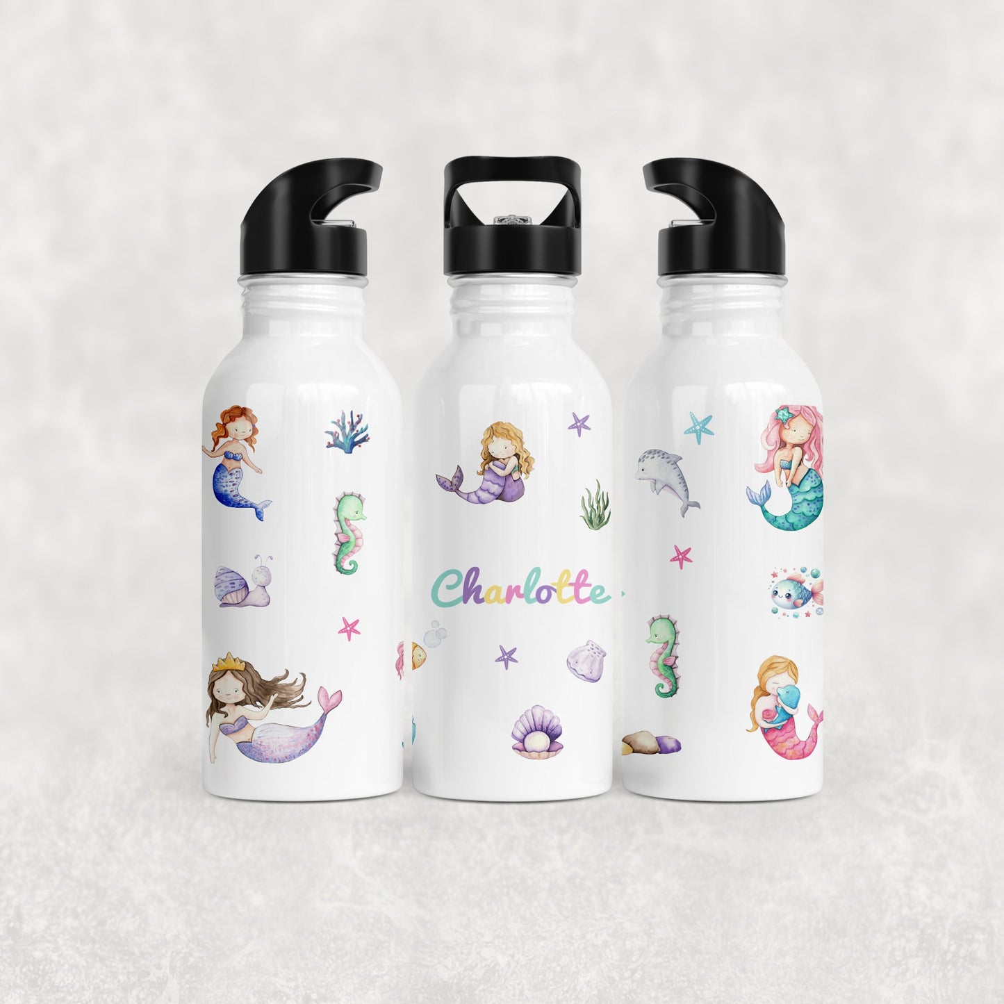 Personalised Girl's Water Bottle with Straw Mermaids