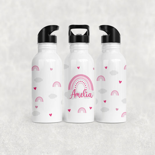 Personalised Girl's Water Bottle with Straw Pink Rainbow Hearts