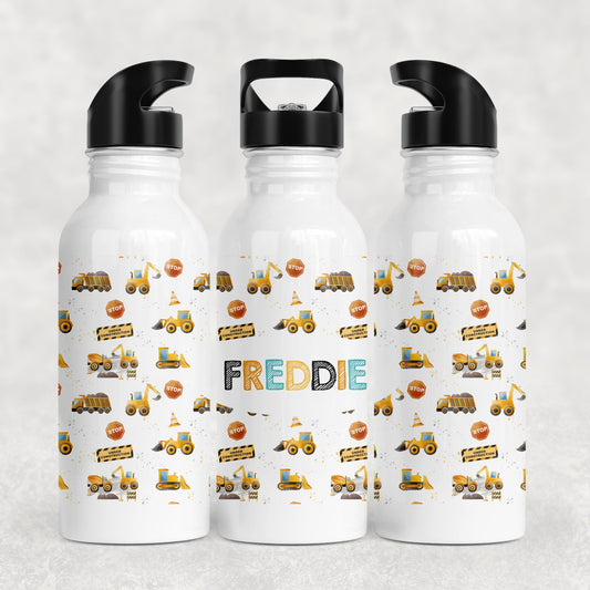 Personalised Girl's Water Bottle with Straw Construction Diggers
