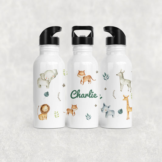 Personalised Girl's Water Bottle with Straw Jungle Animals
