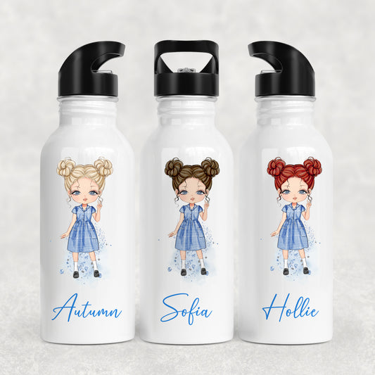 Personalised Girl's School Water Bottle Navy Gingham Summer Dress Girl