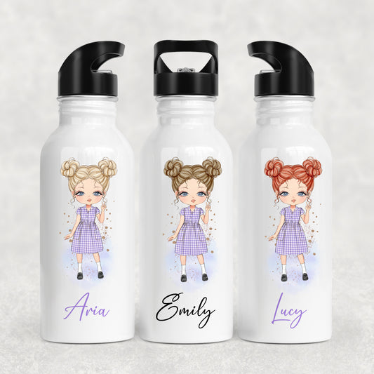 Personalised Girl's School Water Bottle Lilac Gingham Summer Dress Girl