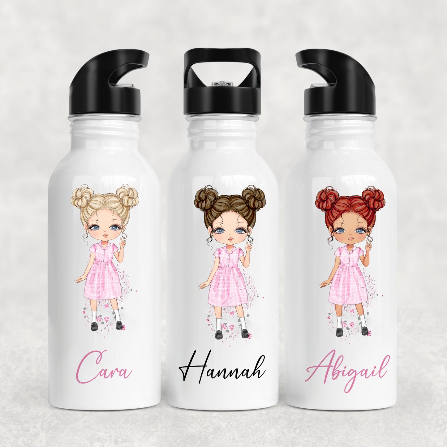 Personalised Girl's School Water Bottle Pink Gingham Summer Dress Girl