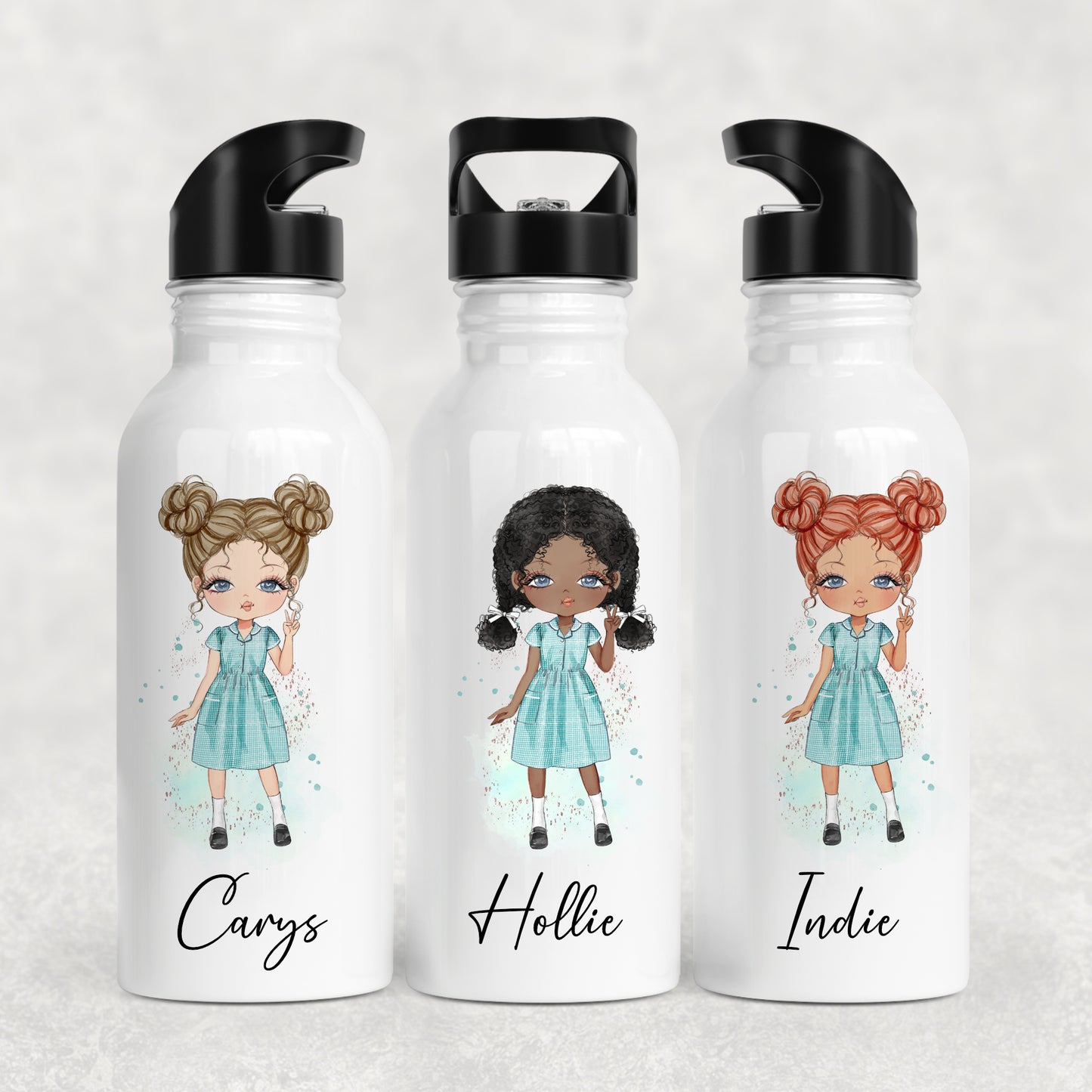 Personalised Girl's School Water Bottle Green Gingham Summer Dress Girl
