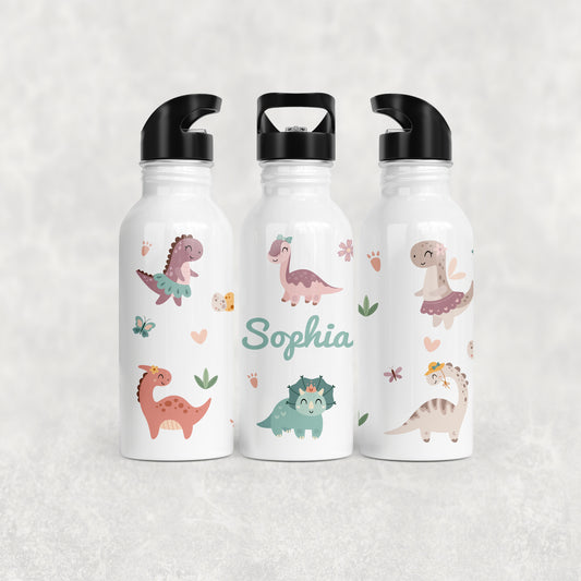 Personalised Girl's Water Bottle with Straw Dinosaurs