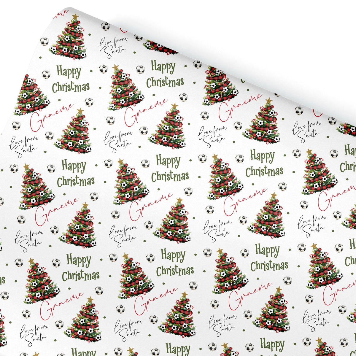 Personalised Christmas Gift Wrap – Football Christmas Tree Design, Footie Black and Red Scarf