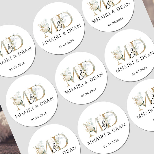 wedding stickers with the names of the bride and groom