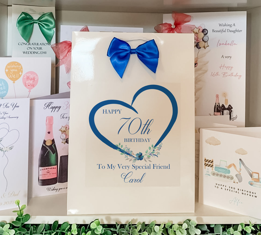 a birthday card with a blue bow and a bottle of wine