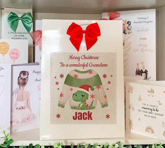 Personalised Christmas Gift Bag Dinosaur, Grandson Christmas, Dinosaur Jumper Gift Bag Son, Daughter Secret Santa