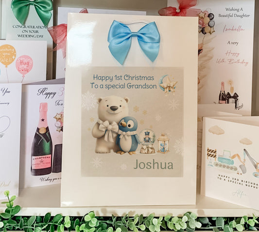 Personalised First Christmas Gift Bag , Personalised Santa and friends Christmas Children's Gift Bag, Festive Gift Wrapping