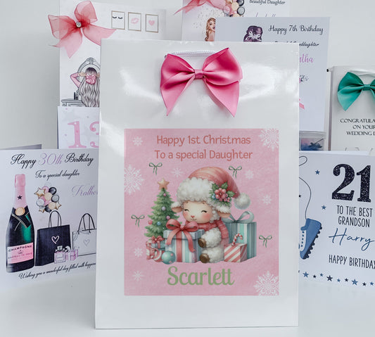 Personalised First Christmas Gift Bag ,Personalised Sheep and friends Christmas Children's First Christmas Gift Bag, Festive Gift Wrapping