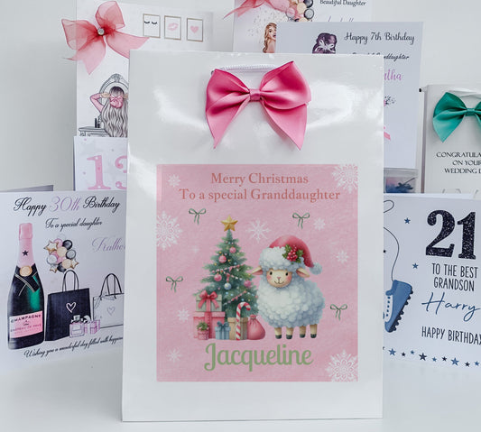 Personalised First Christmas Gift Bag ,Personalised Sheep and friends Christmas Children's First Christmas Gift Bag, Festive Gift Wrapping
