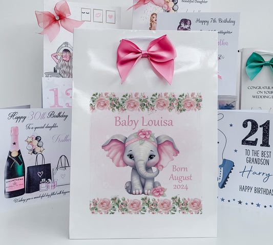 Personalised Congratulations New Baby Girl Gift Bag Watercolour Elephant
