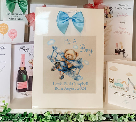 Personalised congratulations new baby boy gift bag watercolour teddy