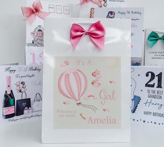 Personalised Congratulations New Baby Girl Gift Bag Watercolour Hot Air Balloon