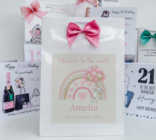Personalised Congratulations New Baby Girl Gift Bag Watercolour Rainbow