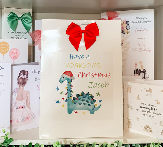 Personalised Christmas Gift Bag Dinosaur, Grandson Christmas, Dinosaur Jumper Gift Bag Son, Daughter Secret Santa