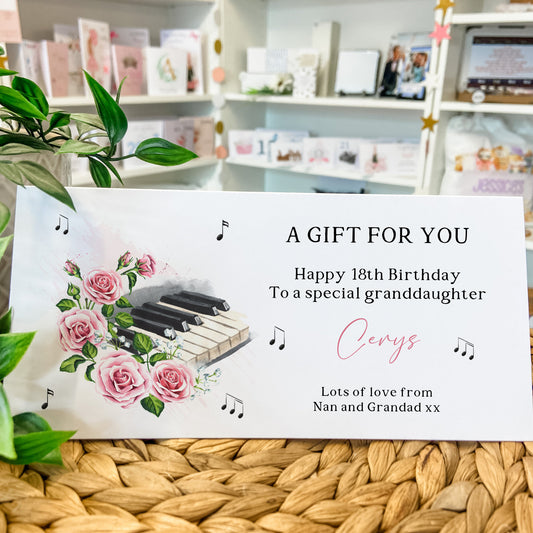 Personalised Birthday Card Money Gift Wallet Voucher Piano