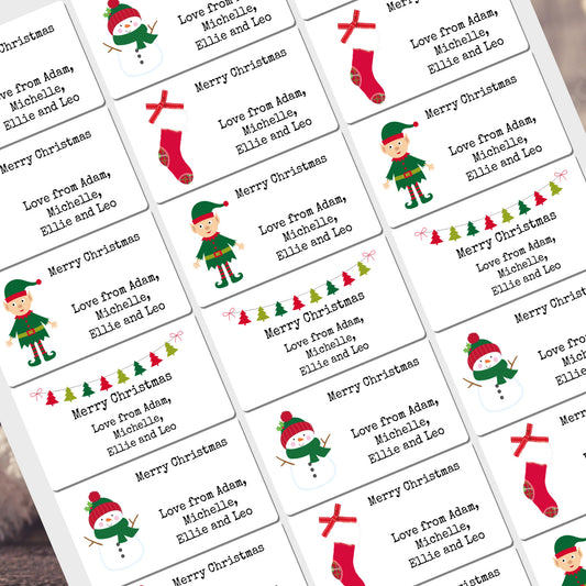 A4 Sheet of 24 Rectangle Personalised Christmas Mix Gift Presents Tag Stickers