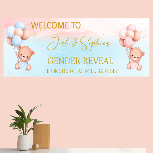 a welcome banner for a baby girl with a teddy bear holding balloons
