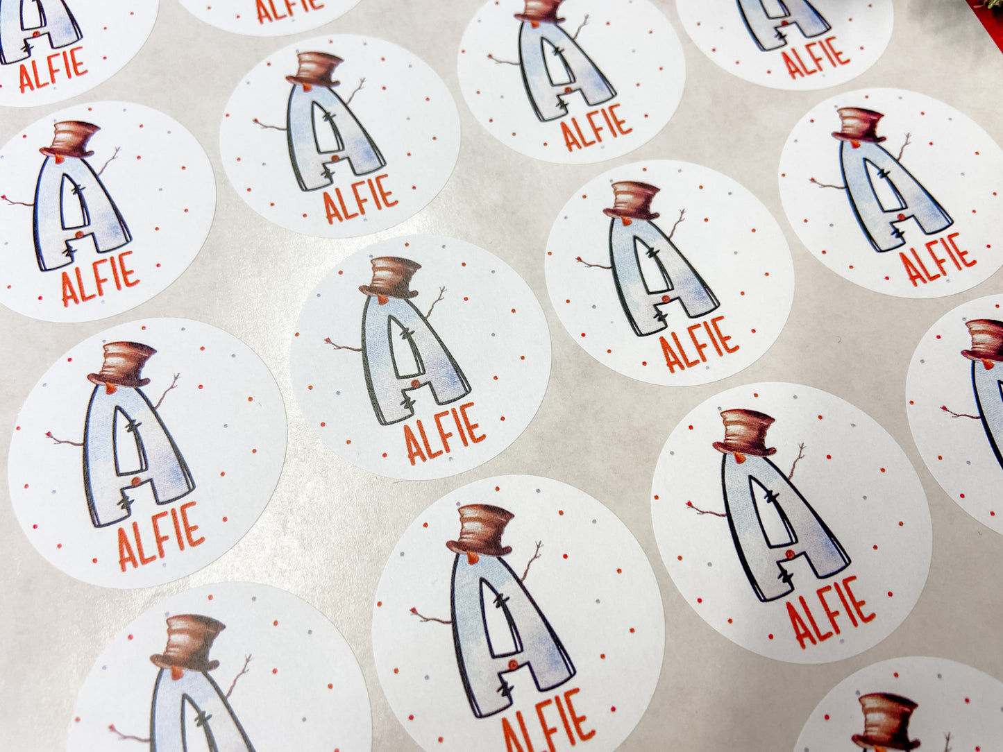 Personalised Christmas Stickers, Gift Labels, , Festive Name Stickers Snowman Initial