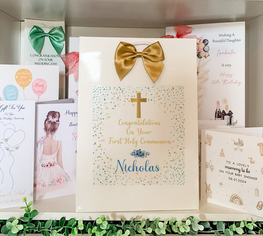 a card with a cross and a bow on it
