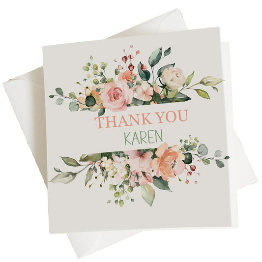 a thank card with pink flowers and greenery