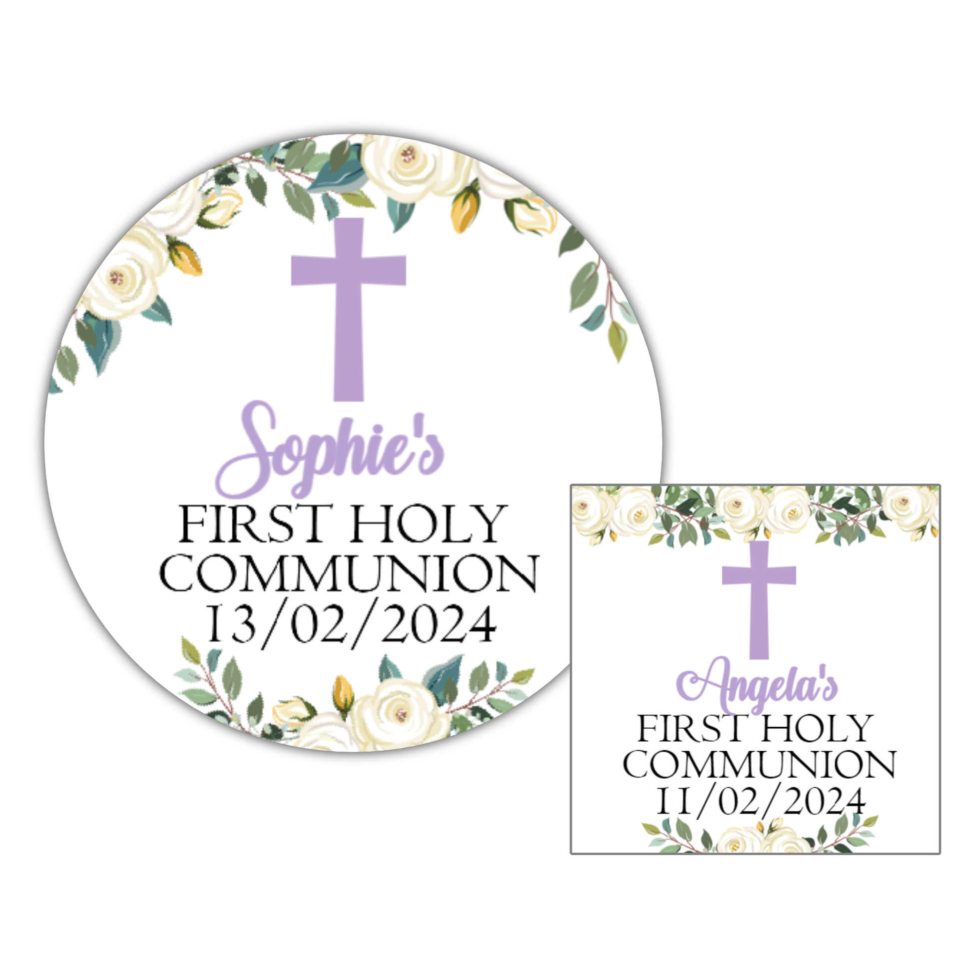 a baptism sticker with a cross and flowers
