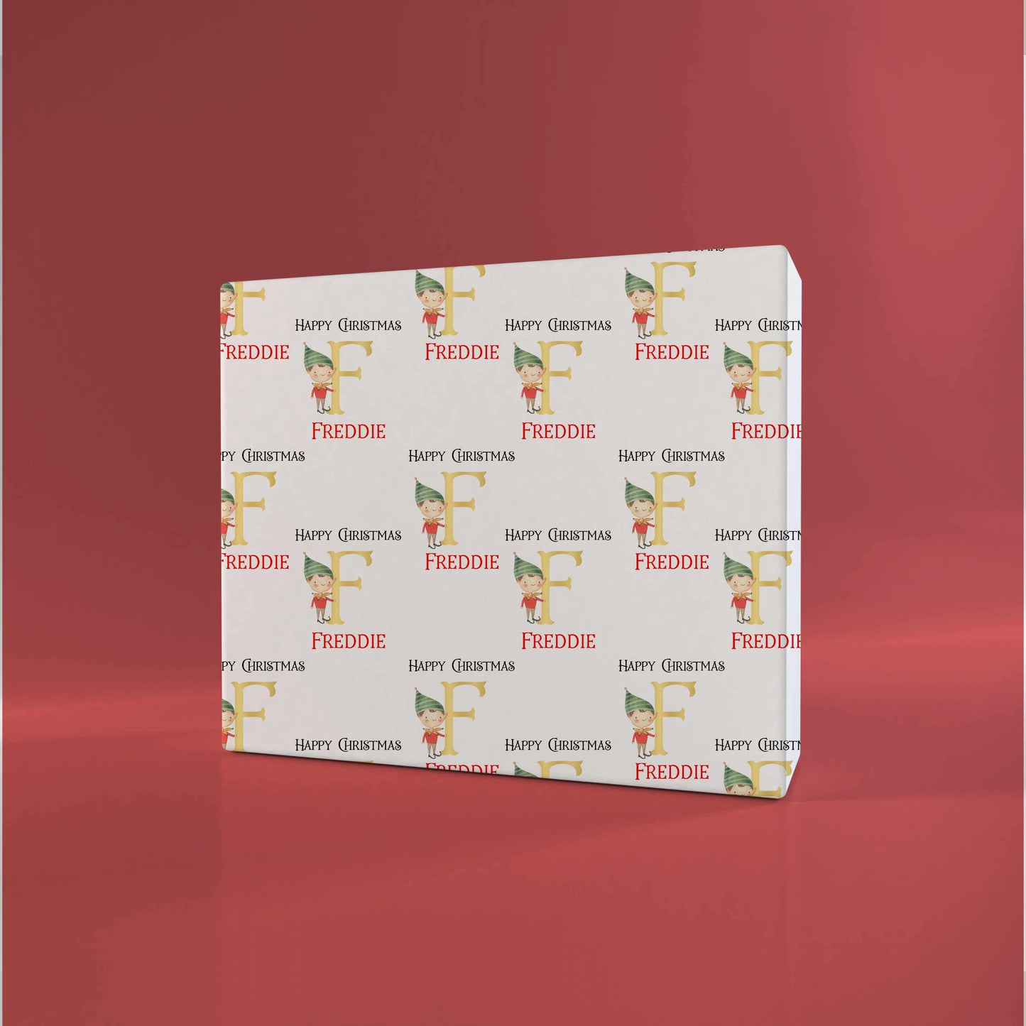 Personalised Christmas Wrapping Paper Elf Boy Gold Initial
