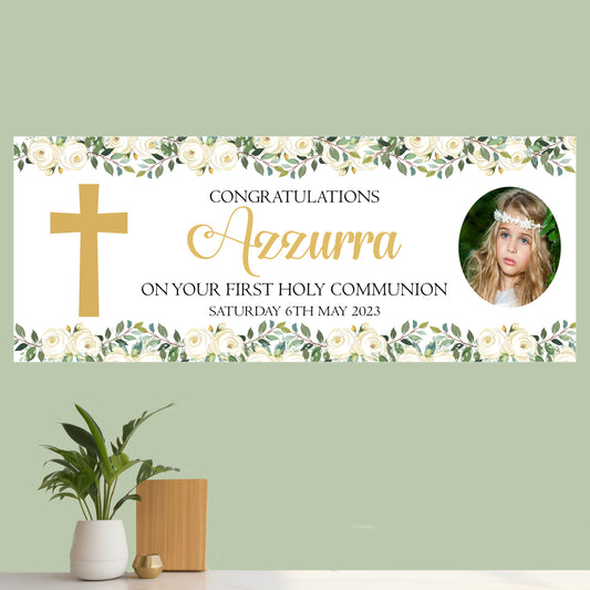 Personalised First Holy Communion Party Banner Gold Floral Cross