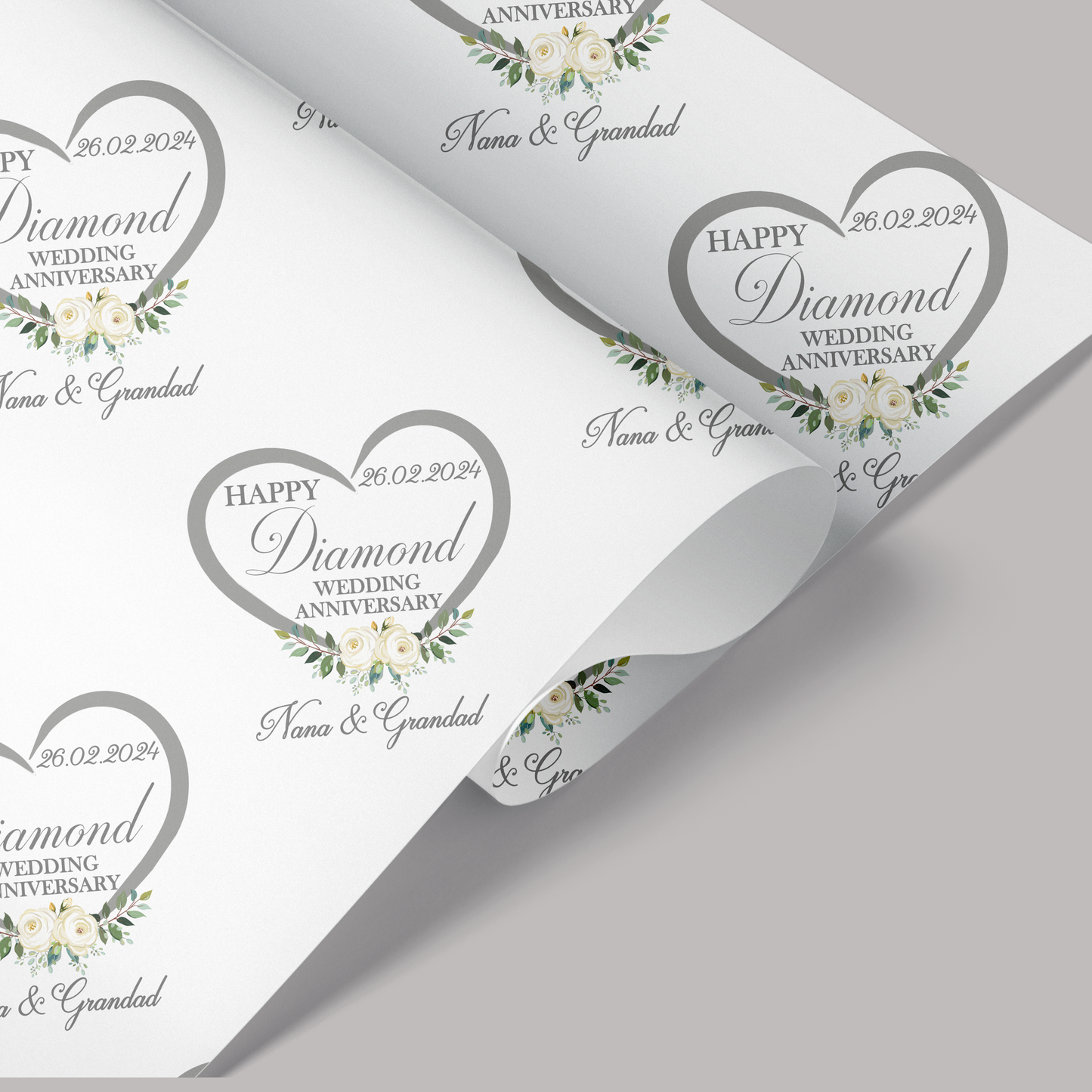 Diamond Wedding Anniversary Gift Wrap, Personalised Congratulations Anniversary Wrapping Paper,