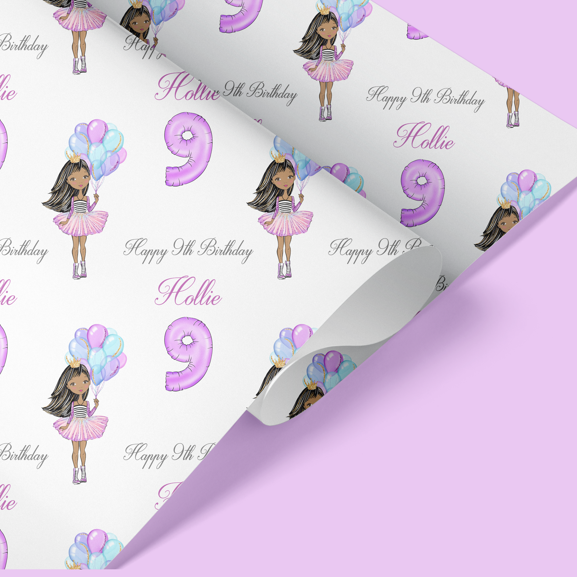 a purple and white birthday wrapping paper with a picture of a girl holding balloons