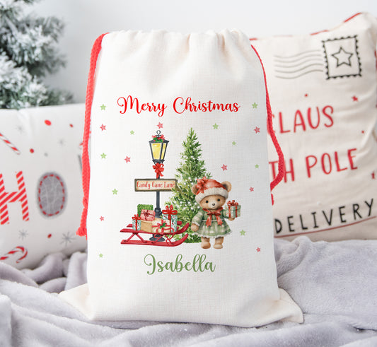 Personalised Christmas Santa Sack For Children Candy Cane Lane Teddy Bear