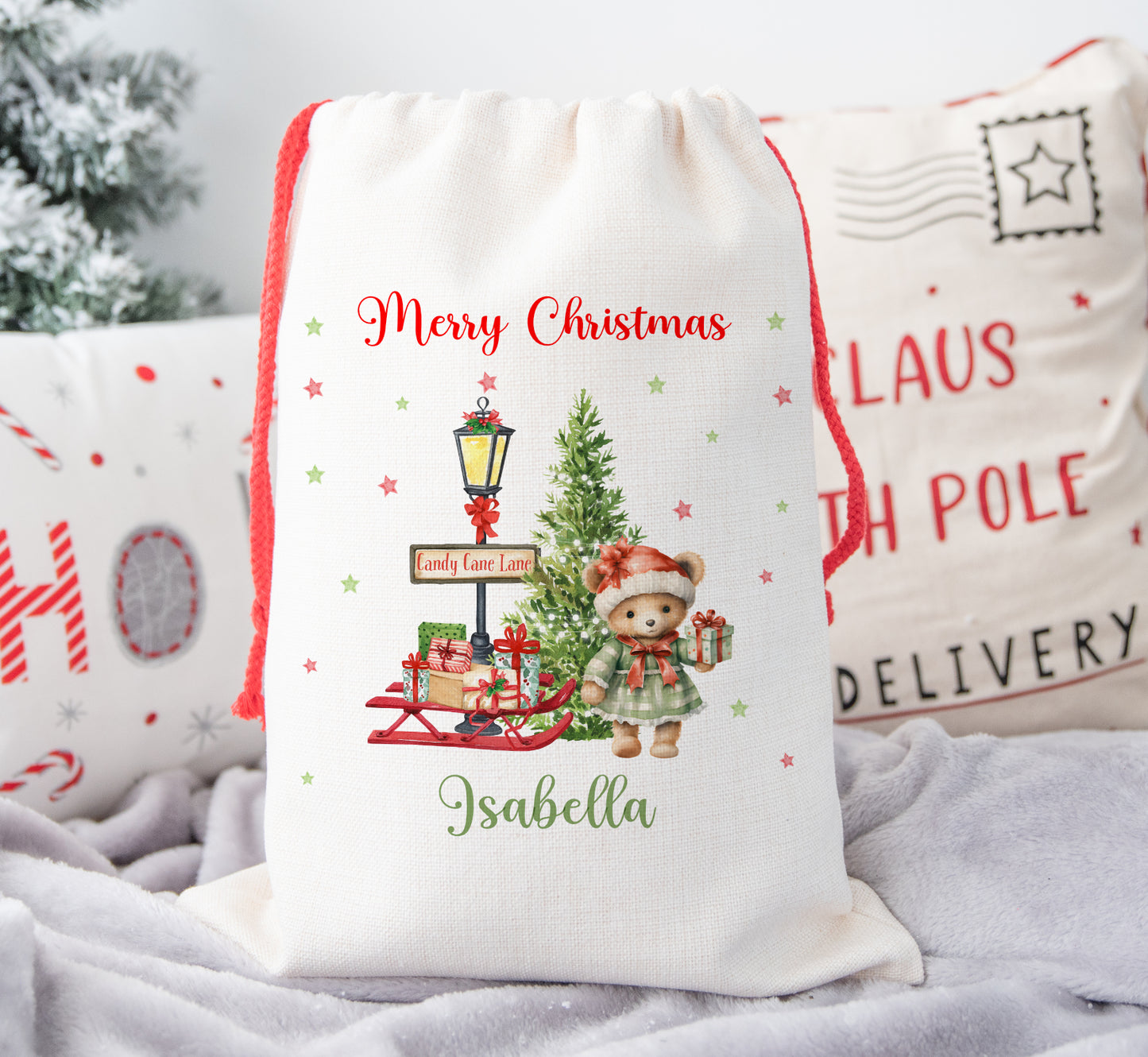 Personalised Christmas Santa Sack For Children Candy Cane Lane Teddy Bear
