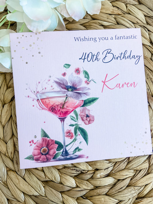 Cocktail Birthday Card For Her Personalised Pink Floral