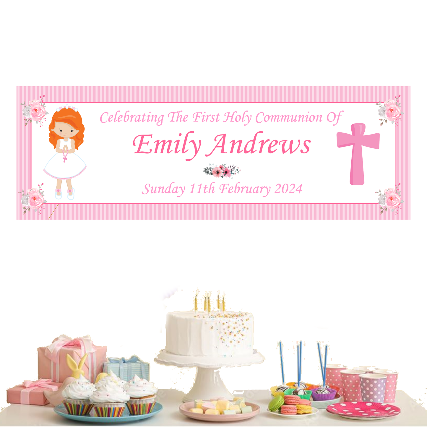 a table topped with a cake and cupcakes