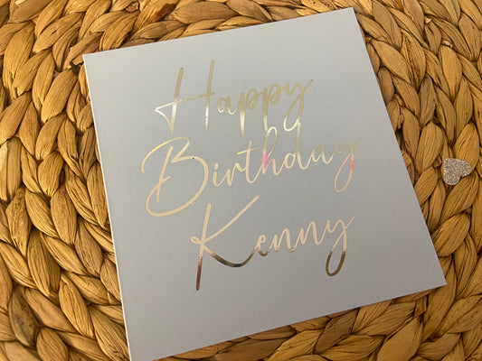 Personalised Happy Birthday Card, Blue Background, Real Metallic Foil,