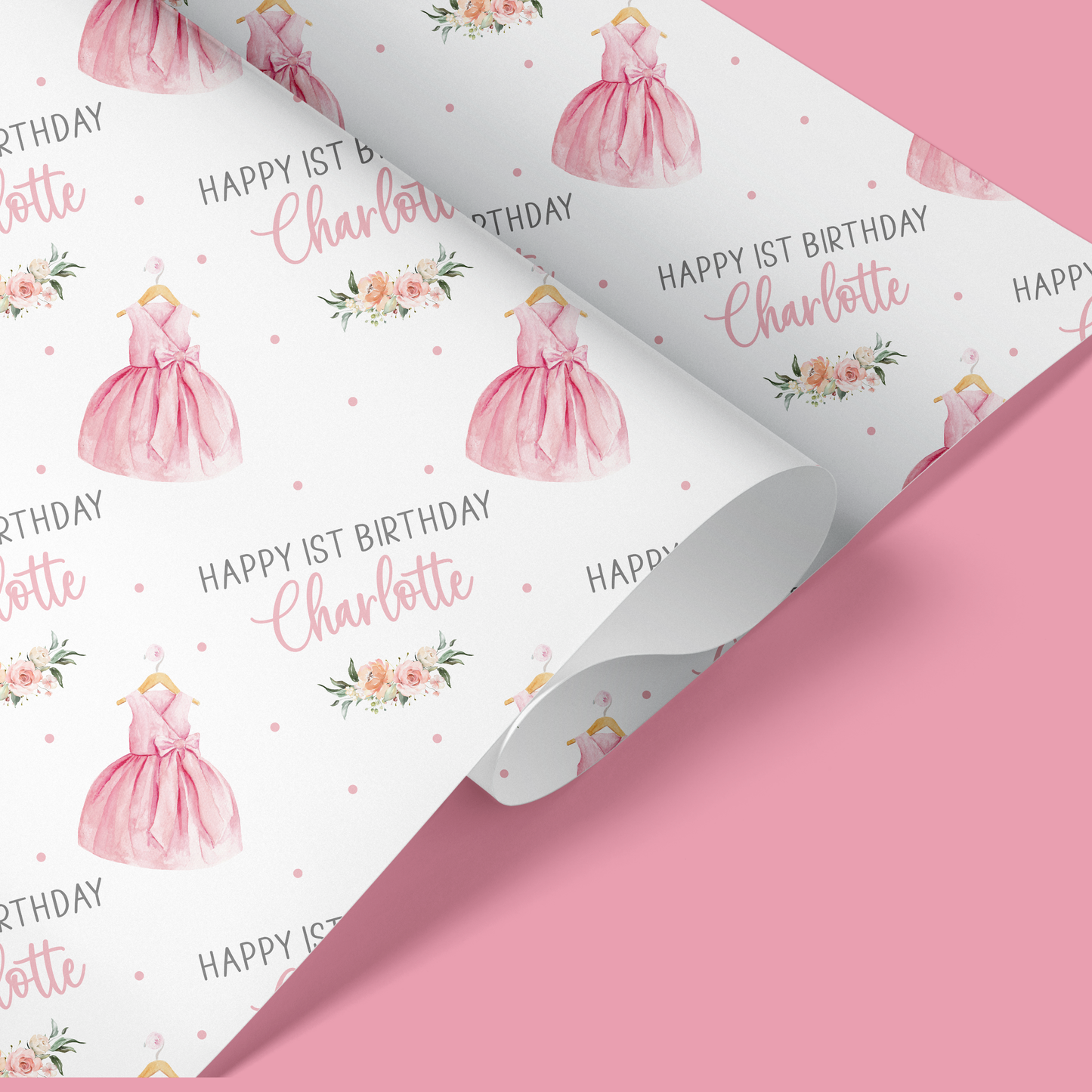 a birthday wrapping paper with a pink dress on it