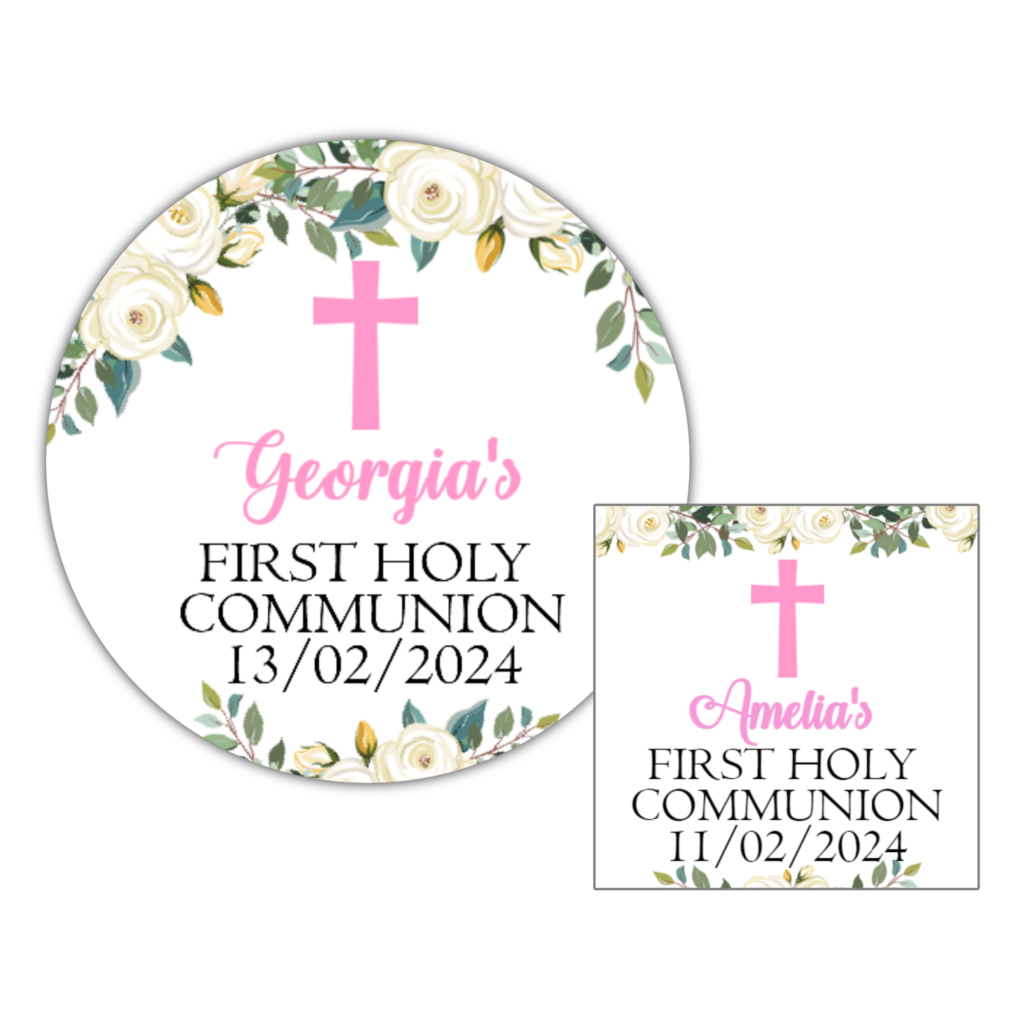 a baptism sticker with a cross and flowers