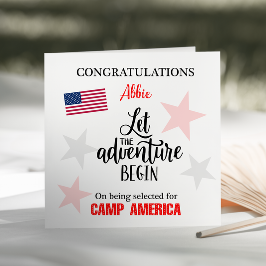 a card that says congratulationss, let the adventure begin on being selected for camp