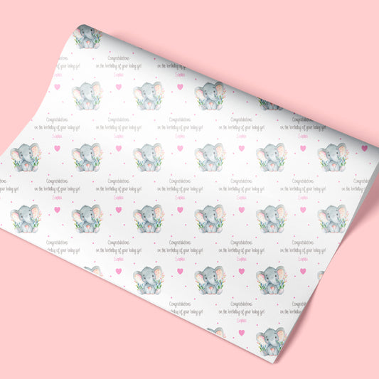 Personalised New Baby Girl Gift Wrapping Paper Pink Elephant