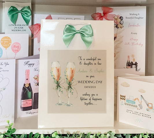 a couple of cards are on a shelf