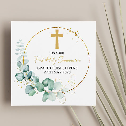 Personalised First Holy Communion Card Gold Cross Eucalyptus Frame