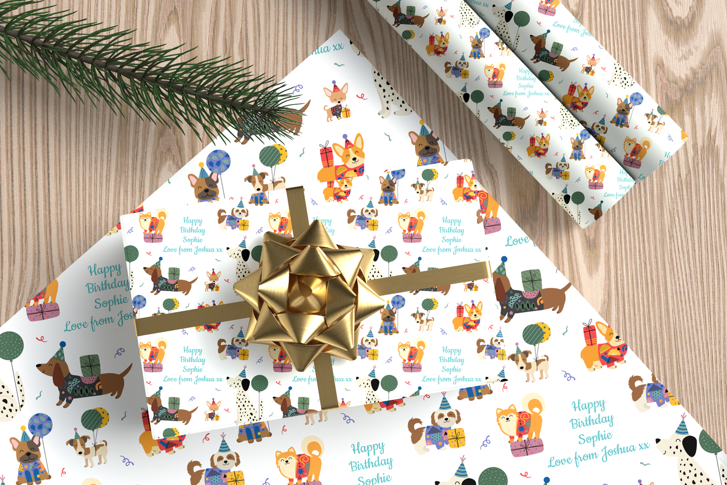 Personalised Birthday Wrapping Paper Cute Dogs Party Hat